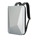 Large black PC hard shell men's backpack with lock, showing laptop compartment and shoulder straps.