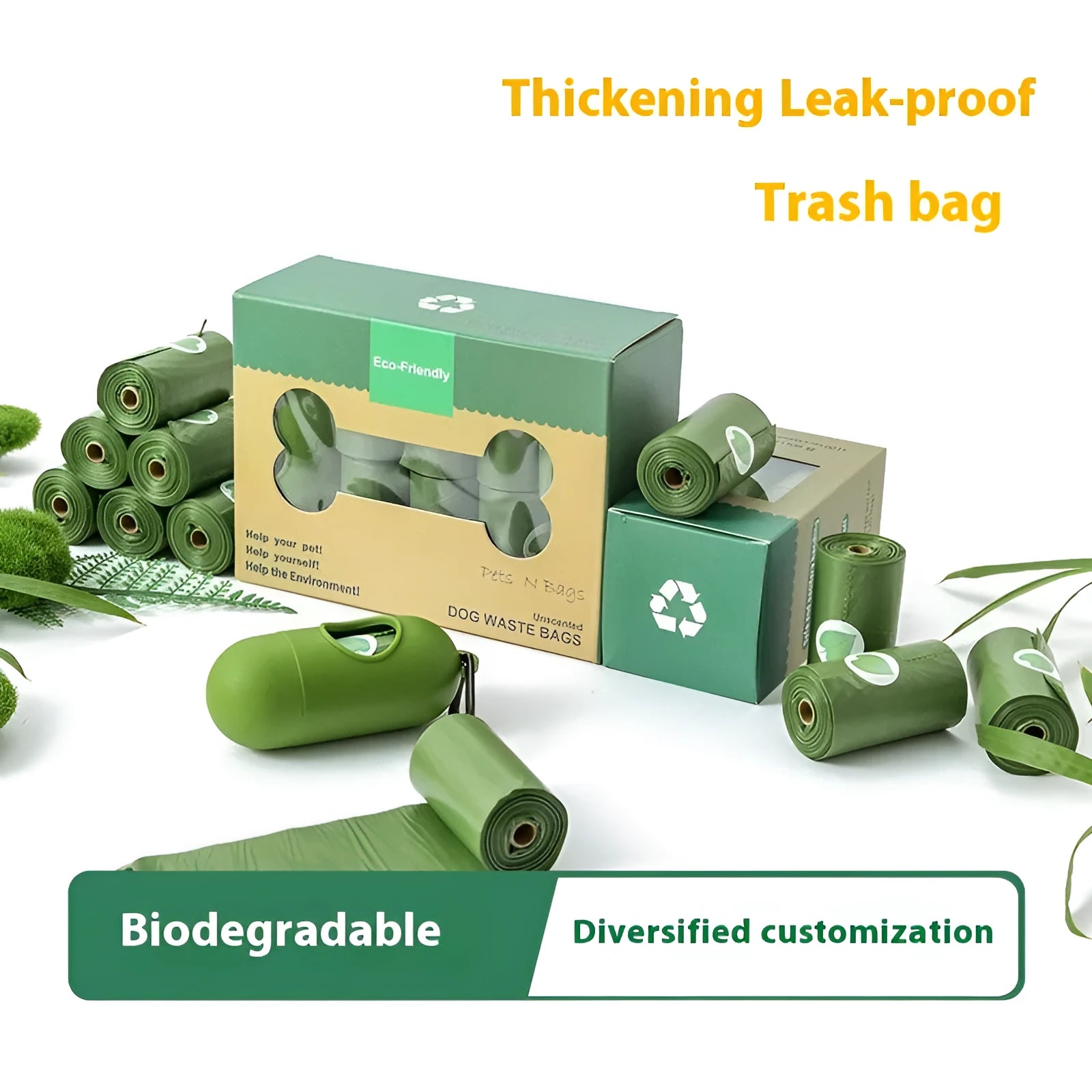 A roll of green EPI degradable pet waste bags next to a black dispenser on a grass background.