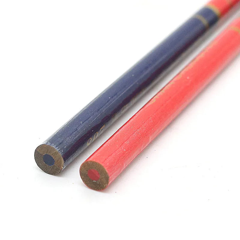 Red and blue two-colour carpenter's pencil with round wooden design, 10-piece pack