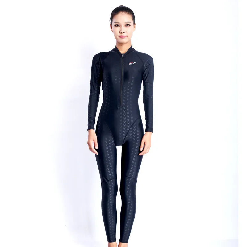 Unisex Pure Black shark skin zipper one-piece quick-dry swimsuit on model