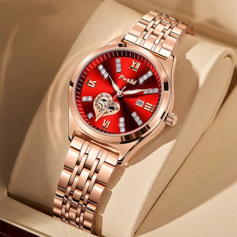 Women's casual alloy strap watch with Roman numeral rhinestone dial, luminous hands, and calendar window