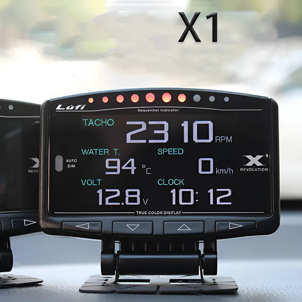 X1 model OBD automotive scan tool with LED display, metal housing, power cord, and English manual.