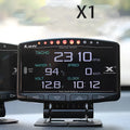 X1 model OBD automotive scan tool with LED display, metal housing, power cord, and English manual.