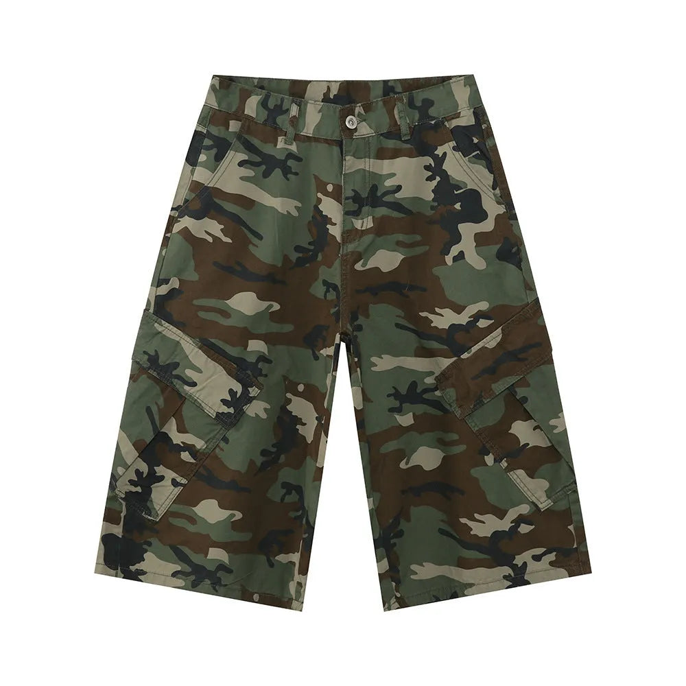 Men's camouflage print cotton jeans with a wide leg, cropped length, and large front pockets.