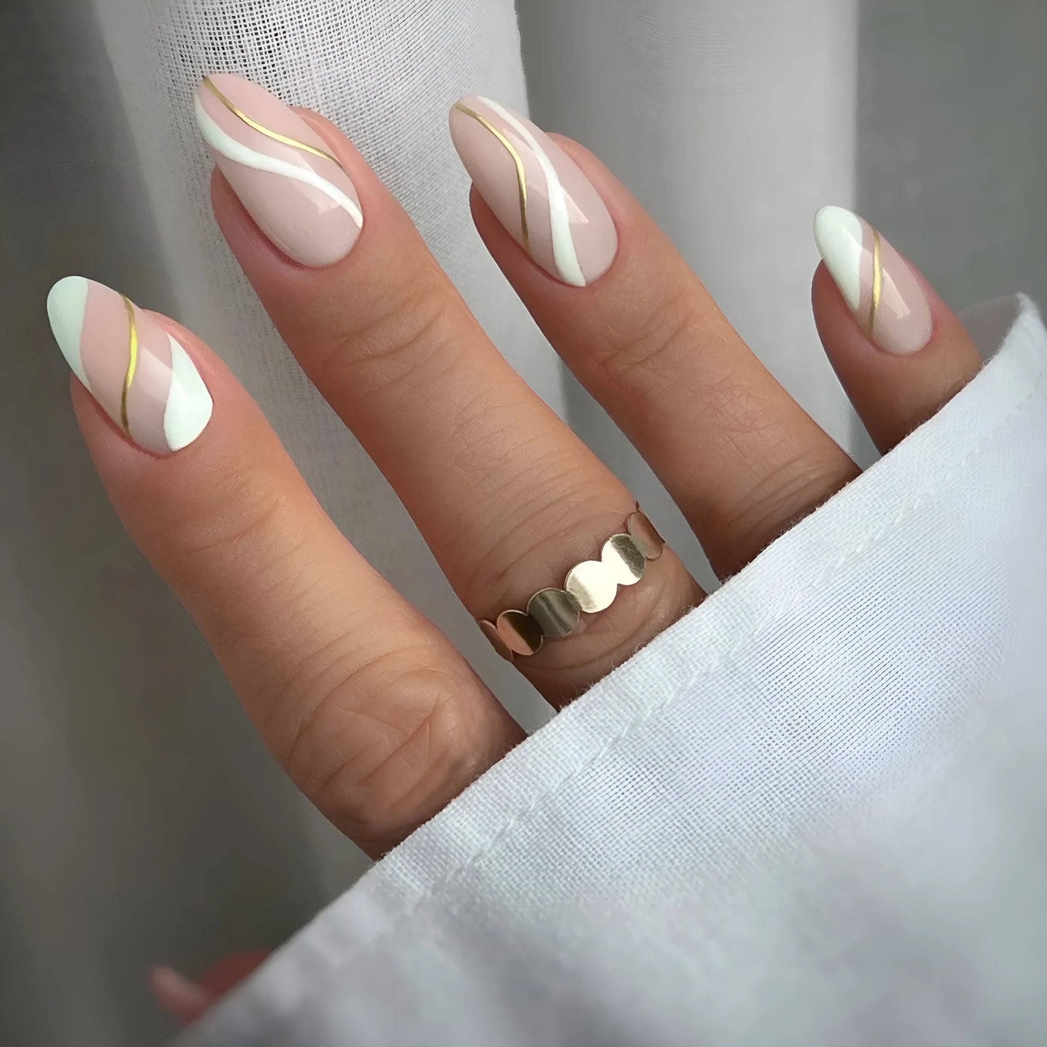 Golden Lines plaid pattern nail stickers in JF0518 colour, medium drop shape on plastic sheet.