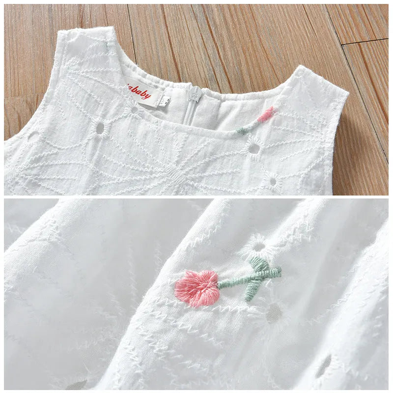 Girls summer floral sleeveless vest dress with full skirt and cotton lining in white small flowers