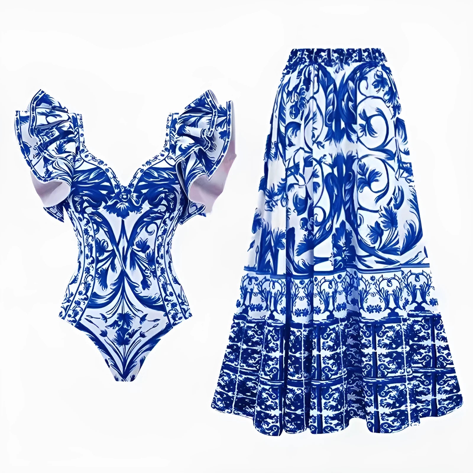 Women's floral printed one-piece polyester swimsuit on a hanger, showing skirted style.