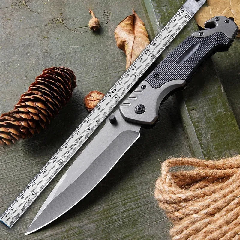 Alloy folding knife with a 225mm blade shown open, displaying its 60-degree tip angle.