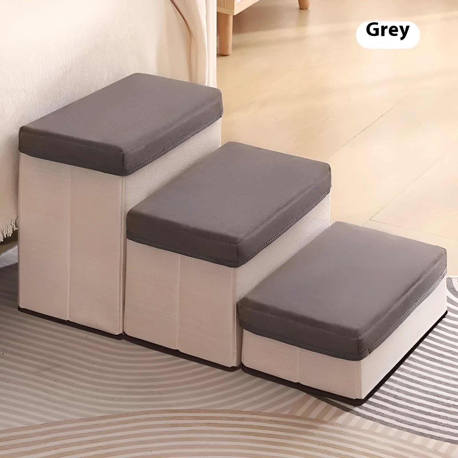 Brown foldable pet stairs steps for dogs with non-slip cloth surface on a floor