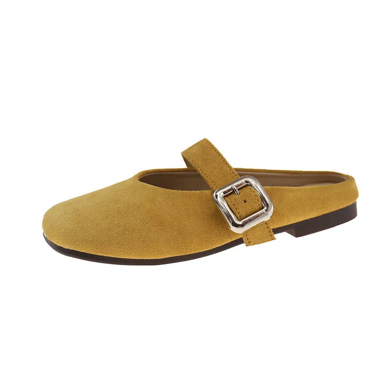 Women's flat closed-toe slippers with square toe in blue, showing PU upper and rubber sole.
