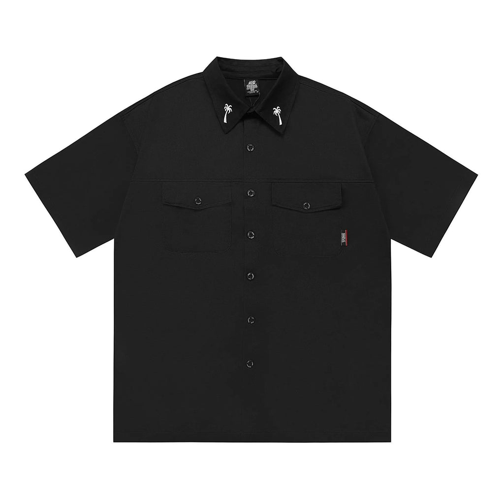 Men's loose fit half sleeve shirt with embroidery in black or khaki colour options