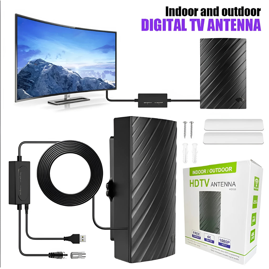 Black plastic digital HD television antenna with mounting screws, expansion tubes, cable ties, and adhesive tape.