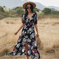 Yellow floral print women's V-neck dress with elasticated high waist and large hemline