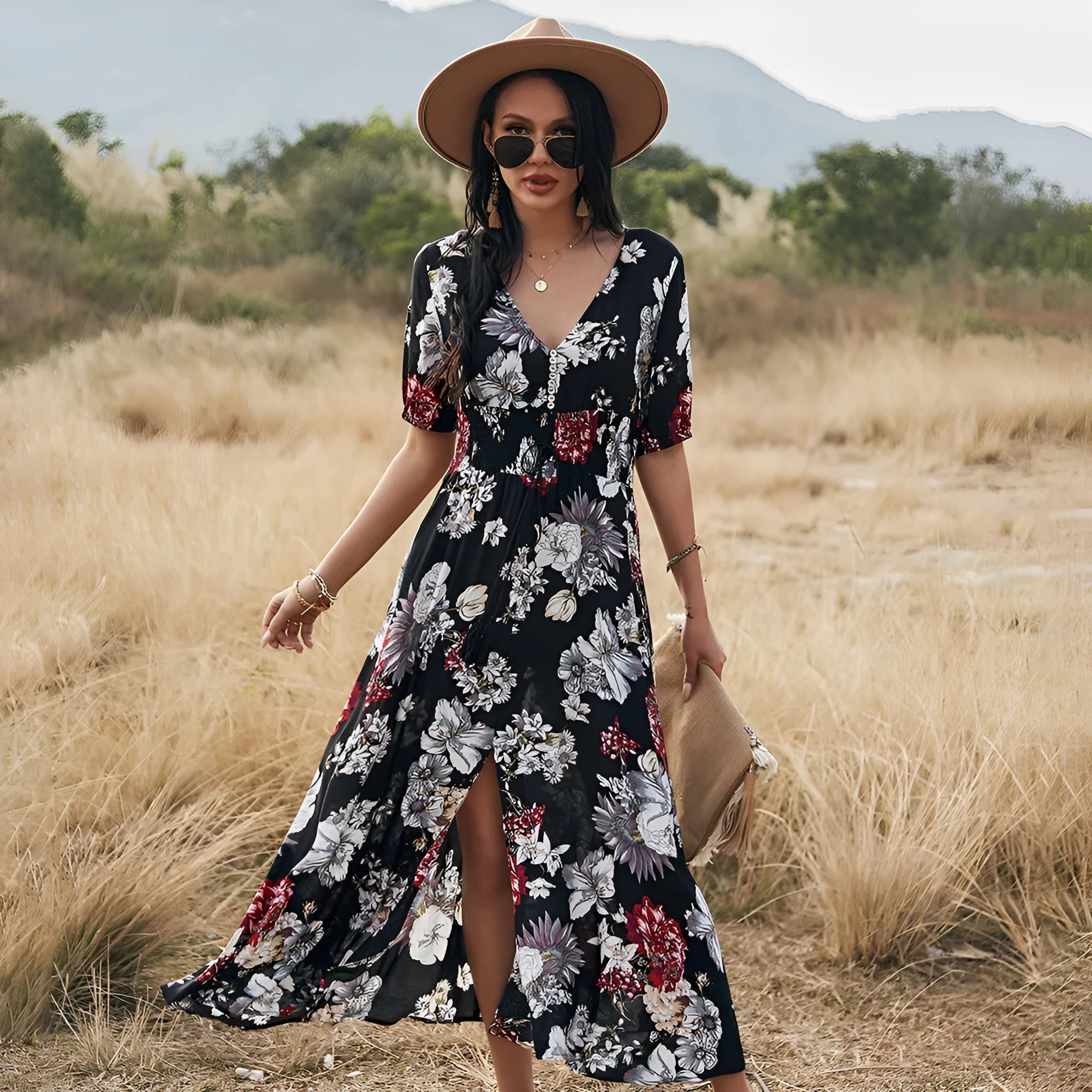 Yellow floral print women's V-neck dress with elasticated high waist and large hemline