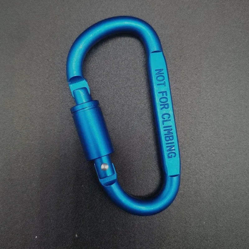 Aluminium D-type screw-lock carabiner in red, showing its 8cm size and flat-sided shape.
