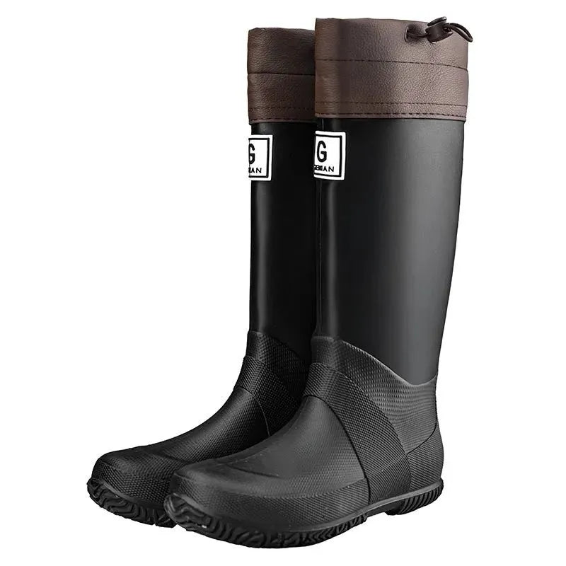Unisex rain boots in black brown gray green with plastic upper, flat heel, round toe and leather stitching