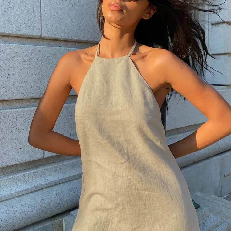 Women's solid colour A-line dress in cotton linen fabric for summer wear