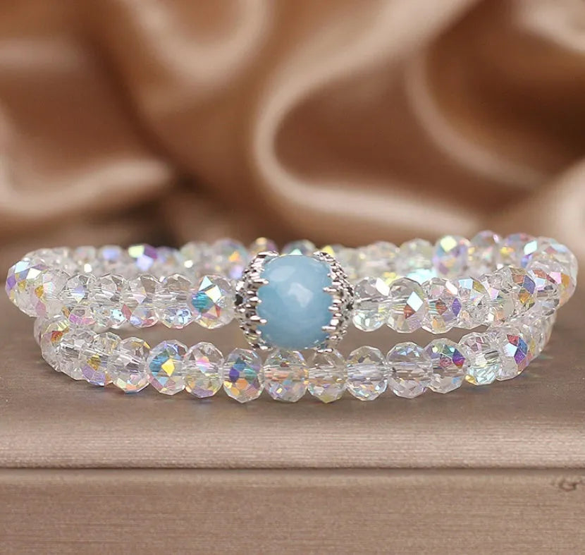 White artificial crystal double ring bracelet for women with electroplated finish
