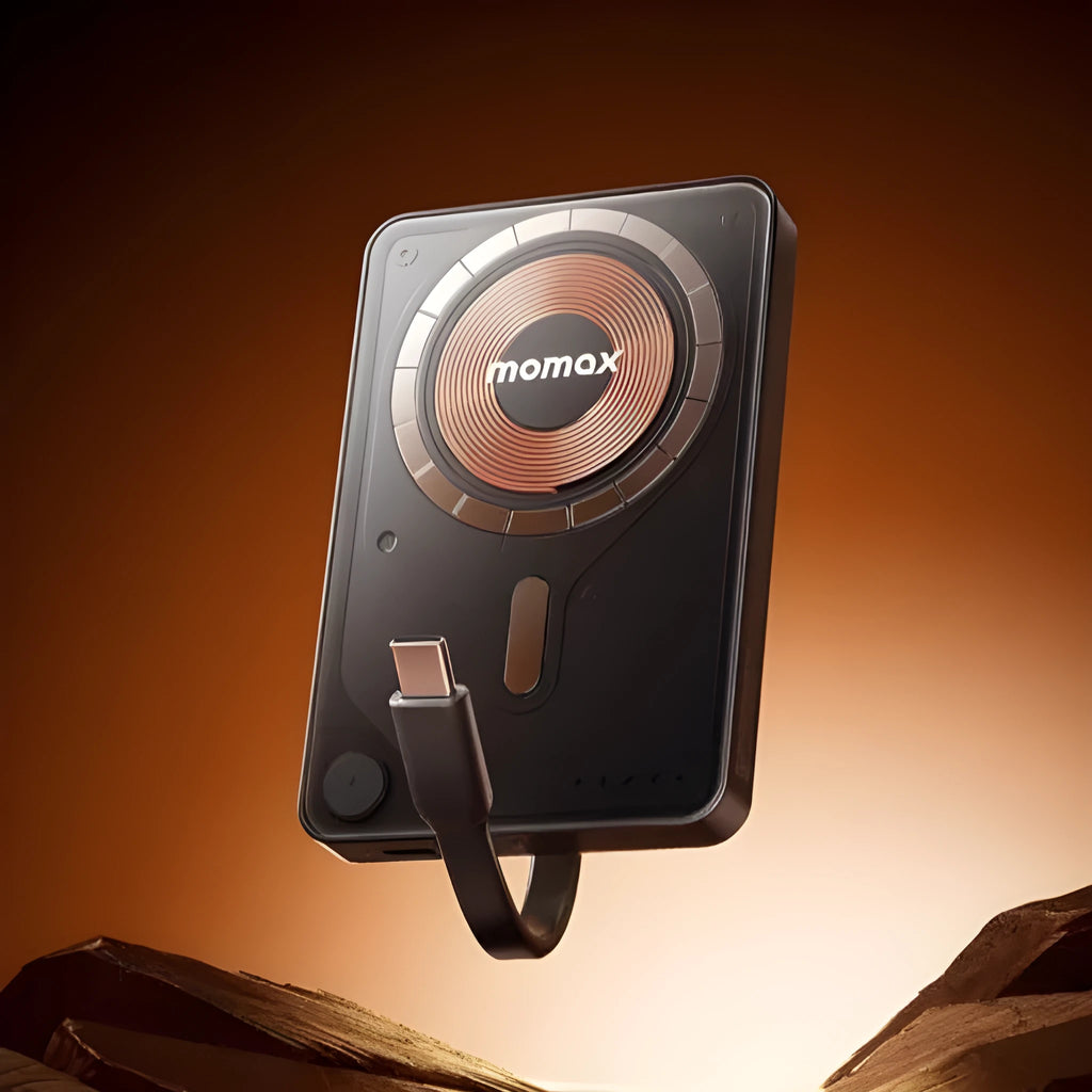 Magnetic power bank with transparent bracket and built-in cable in Mysterious Black, alloy shell
