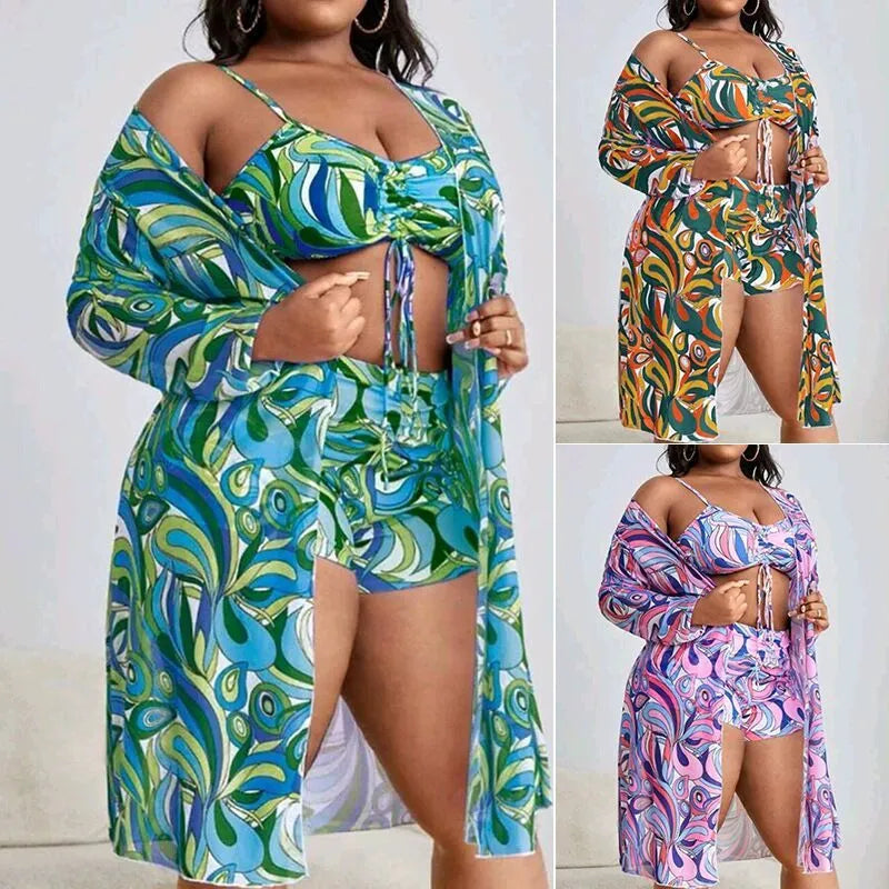 Women's floral bikini three-piece set with bra shorts and cardigan in picture colour