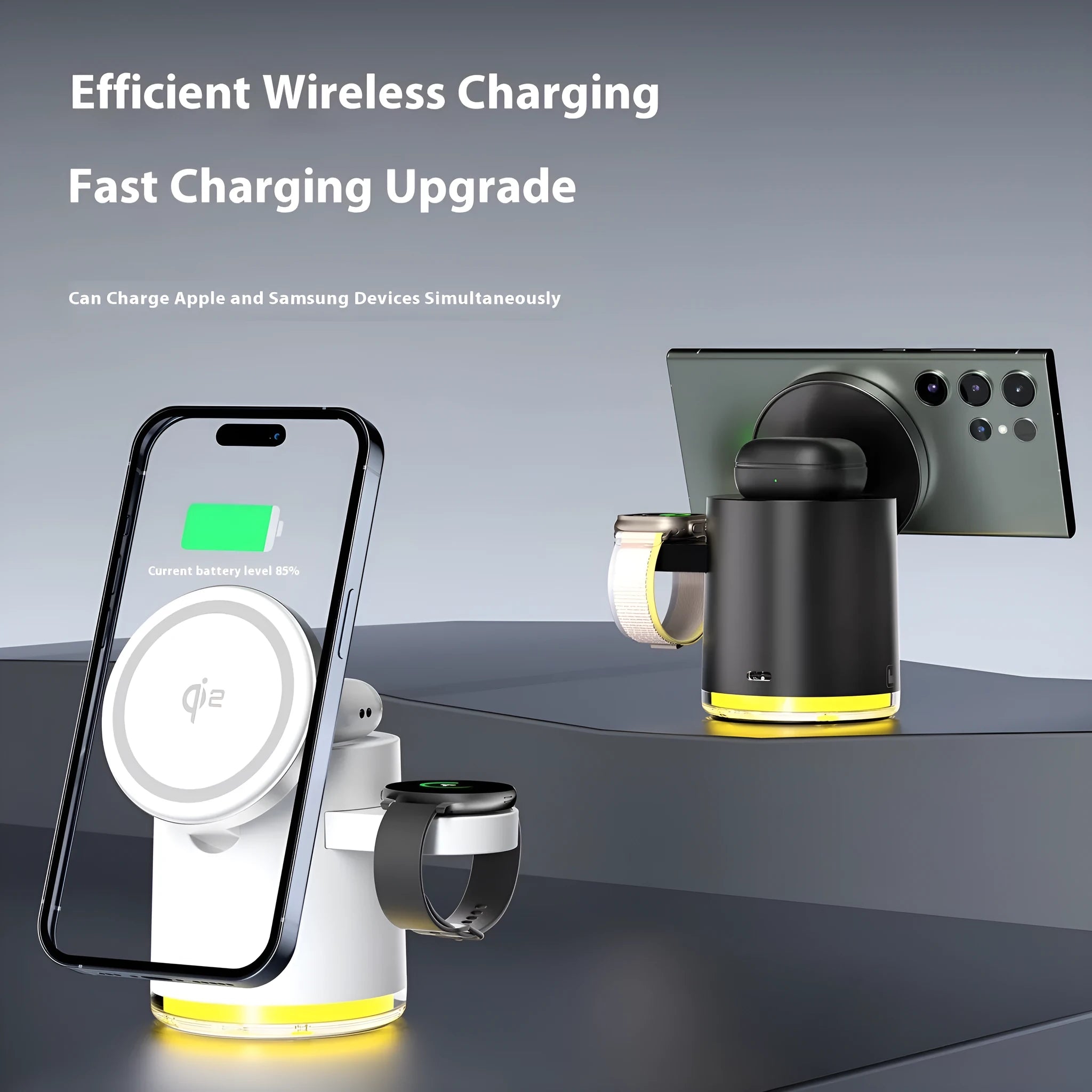 C16 portable magnetic three-in-one wireless folding charger in black or ivory white showing phone, watch and earbuds charging simultaneously