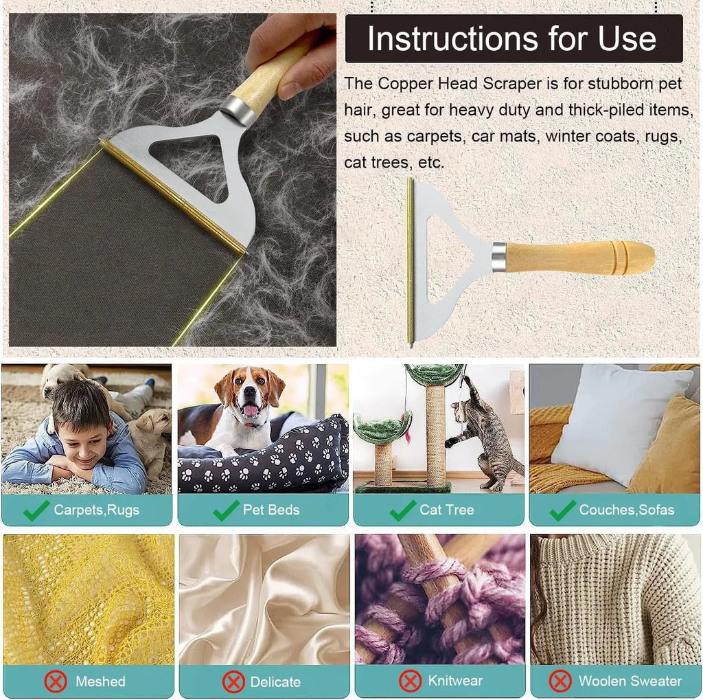Three-piece pet hair remover set showing metal lint tool, silicone brush, and round scraper for clothes sofa car cleaning