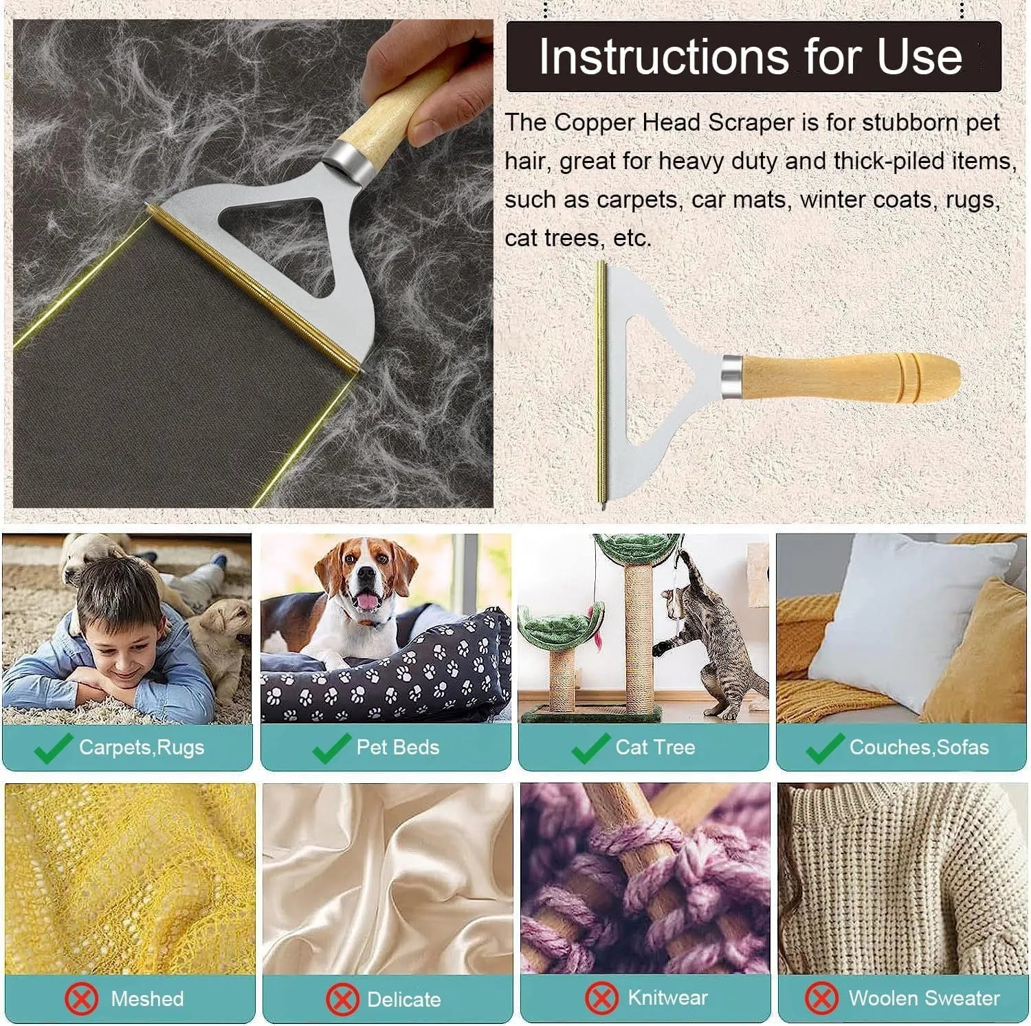 Three-piece pet hair remover set showing metal lint tool, silicone brush, and round scraper for clothes sofa car cleaning