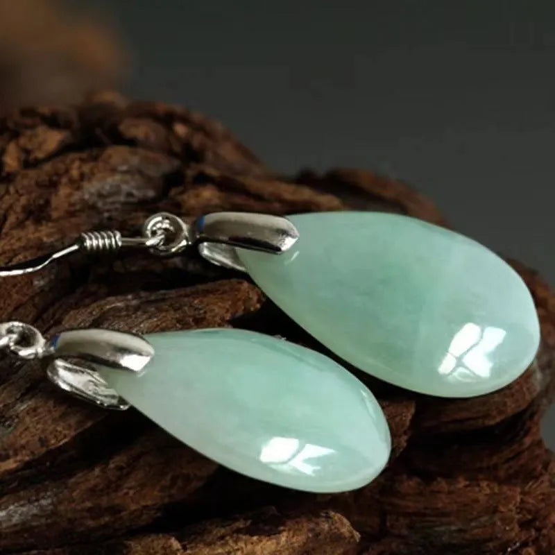 Natural Hetian jade water drop eardrop earrings with alloy ear needle in emerald colour