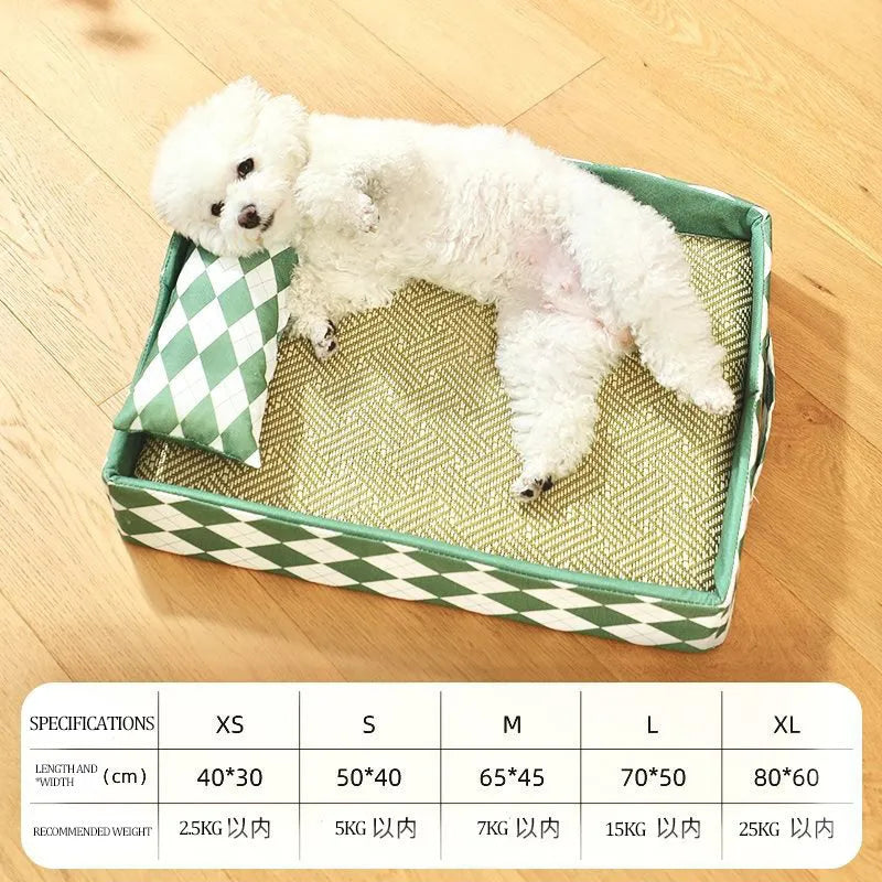 Blue rattan weave cat bed and litter mat in a raised frame, shown with a cat resting on it.