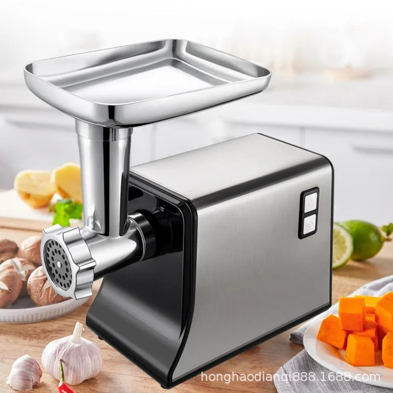 Silver meat grinder with double mixing blade on countertop, 33.5cm tall, aluminium tray and straight head visible