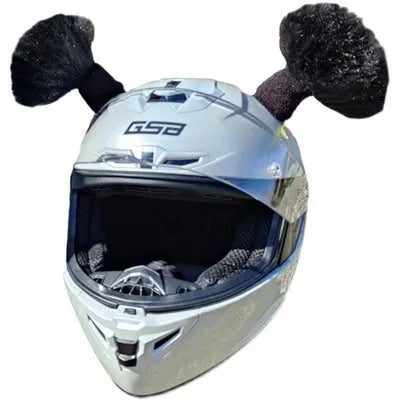 Close-up of black skyhigh braid decorative balls attached to a motorcycle helmet, showing 8cm height