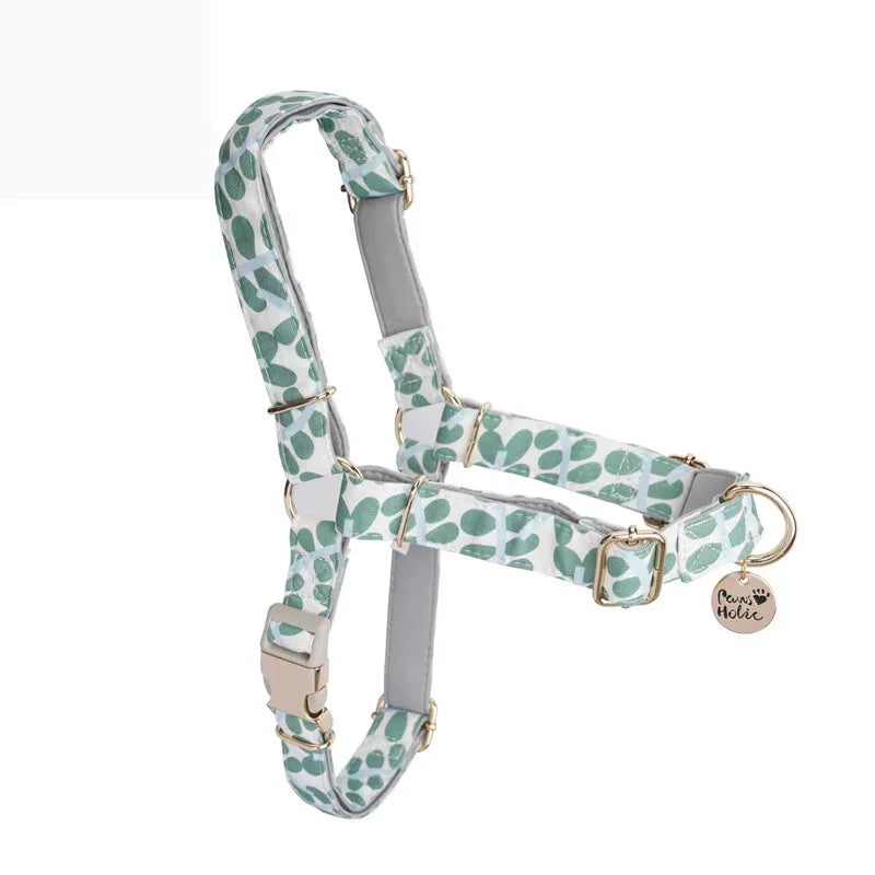 Polyester dog chest strap harness in Early Snow colour with hand-holding rope, side view on floor