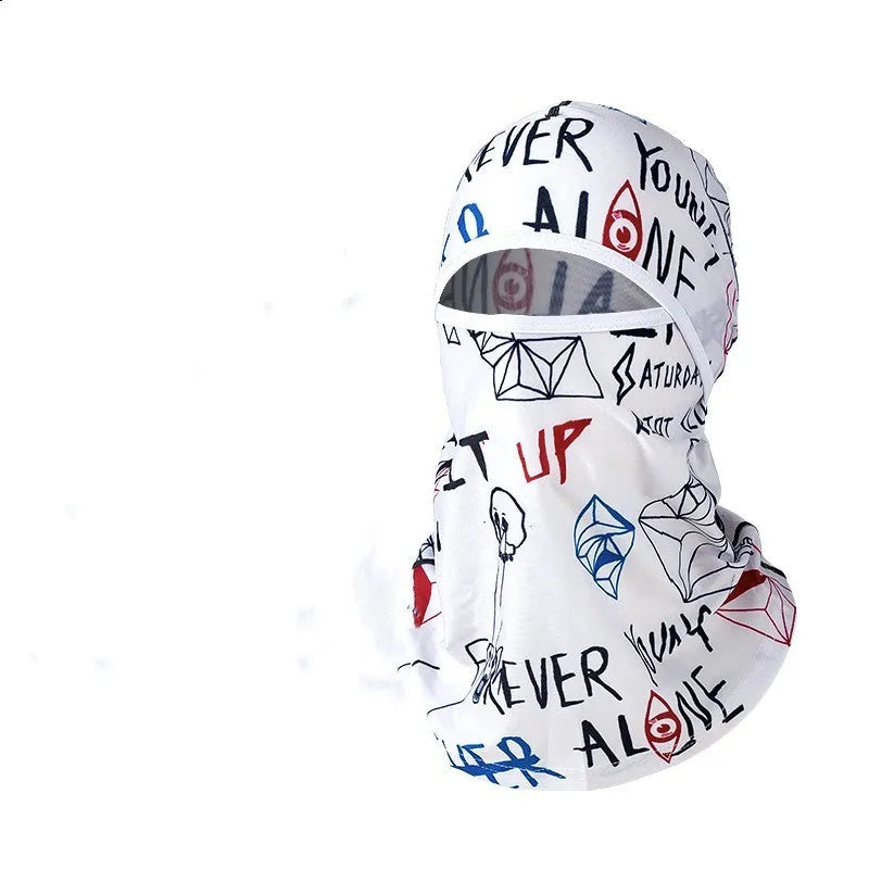 Cotton motorcycle head cover in a pattern design with a pair of matching gloves for winter riding.