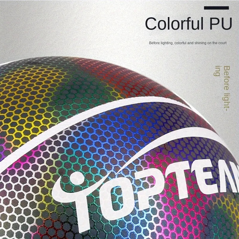 No. 7 size holographic luminous reflective basketball on a court, showing Chroma and White colour options.