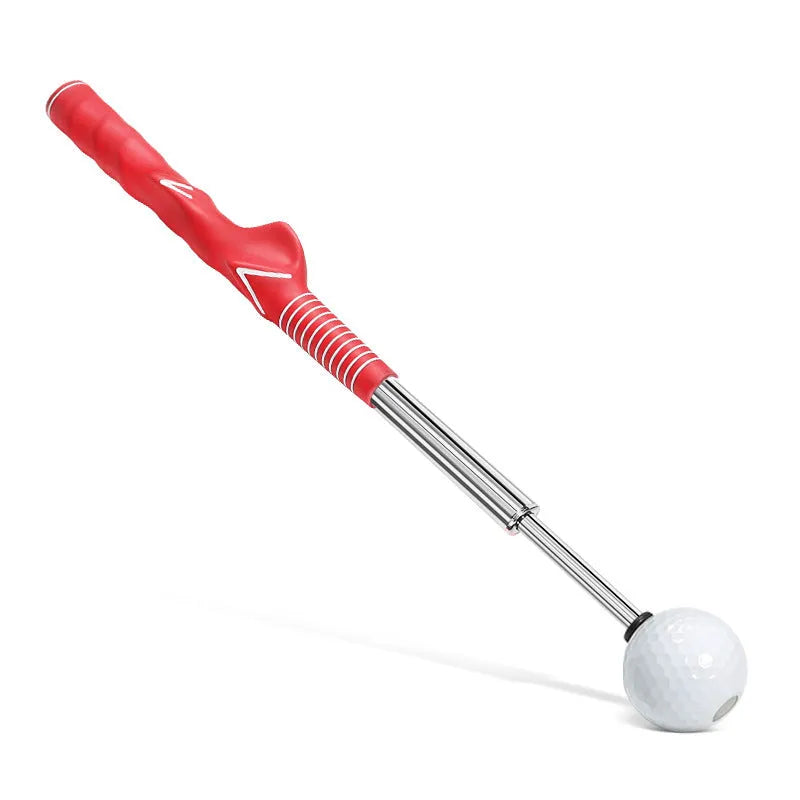 Telescopic stainless steel golf swing trainer simulator on a green background.