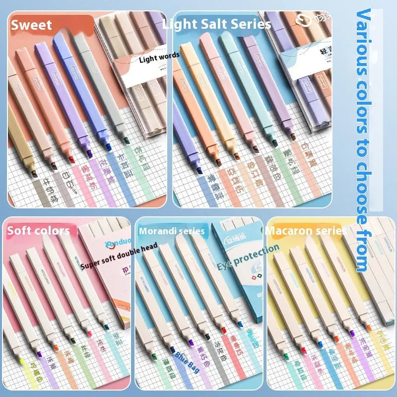Set of double headed fluorescent highlighter pens showing two different coloured tips on each pen.