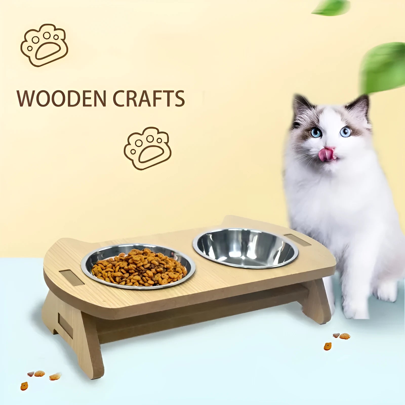 Wooden platform cat feeder holding a stainless steel food bowl and water bowl.