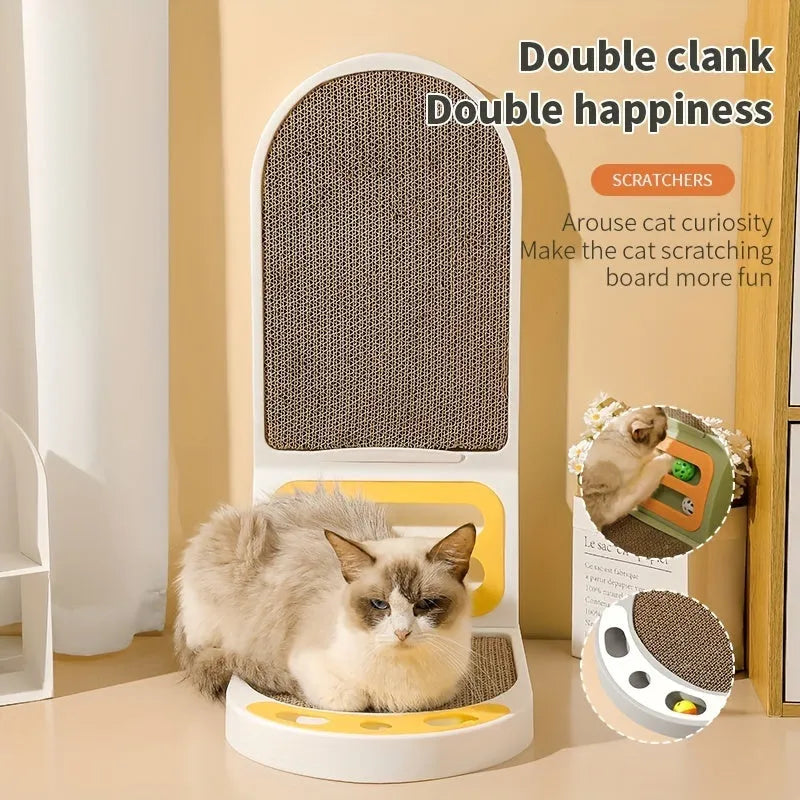 Grey L-shaped vertical cat scratching board made of thick corrugated cardboard on a floor.