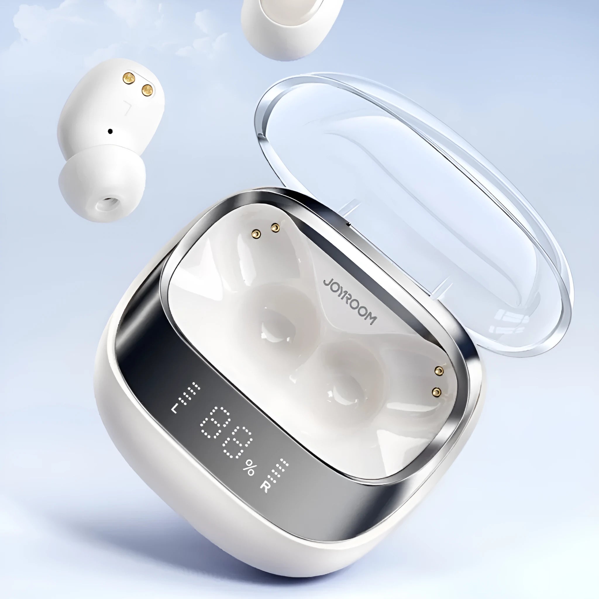 Beige wireless in-ear Bluetooth headphones and charging case on a table with a USB Type-C cable.