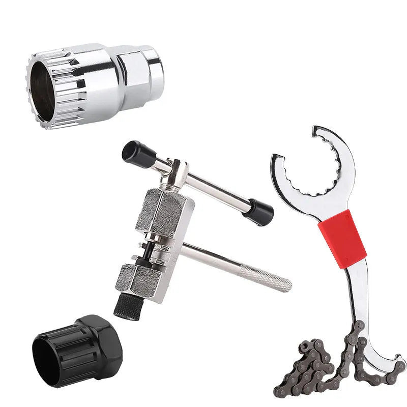 Iron bicycle repair tool set with chain cutting device and central shaft puller for mountain bike maintenance