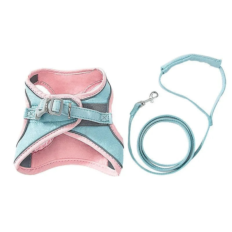Reflective cat vest harness with integrated lead in suede material showing blue orange stitching detail