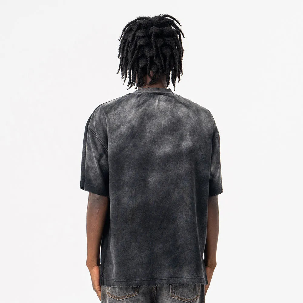 Men's black loose fit cotton t-shirt with printed letter pattern and drop-shoulder short sleeves