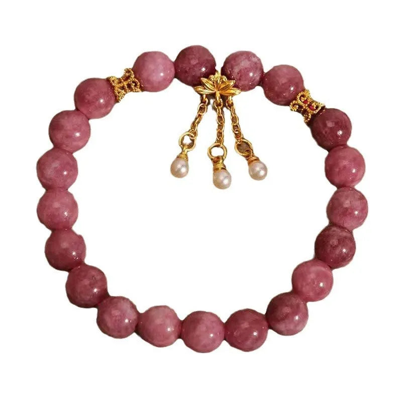 Natural stone bracelet with pink lotus tassel pendant and crystal beads