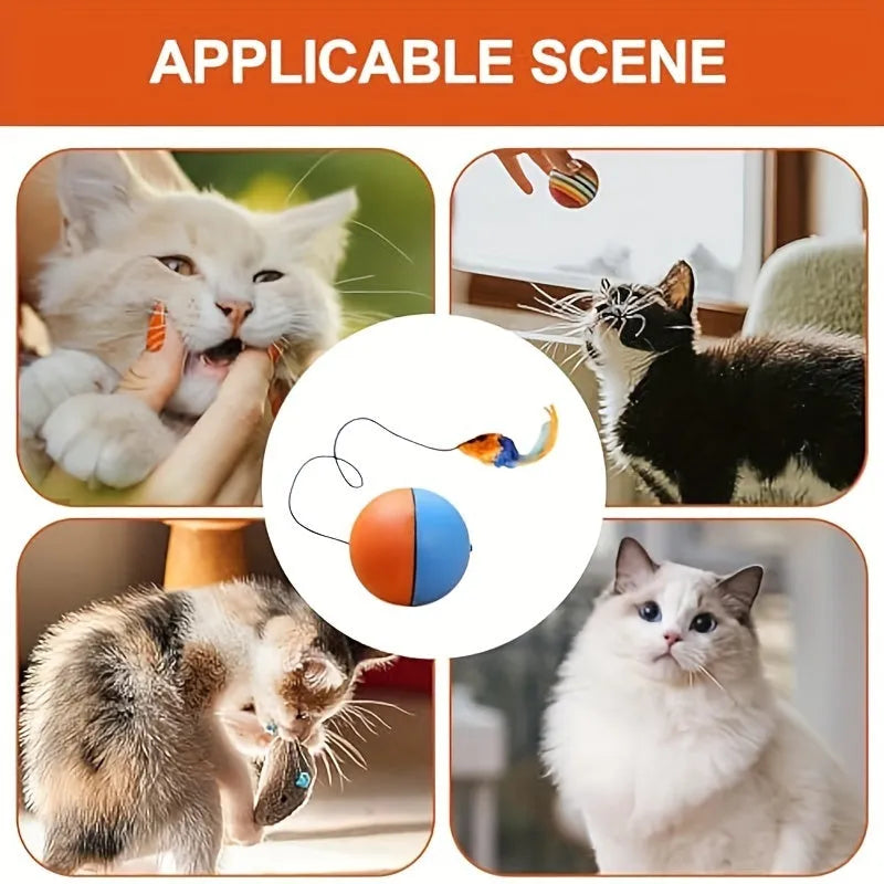 Interactive cat toy with blue and orange ball attached to plush mouse on neutral background