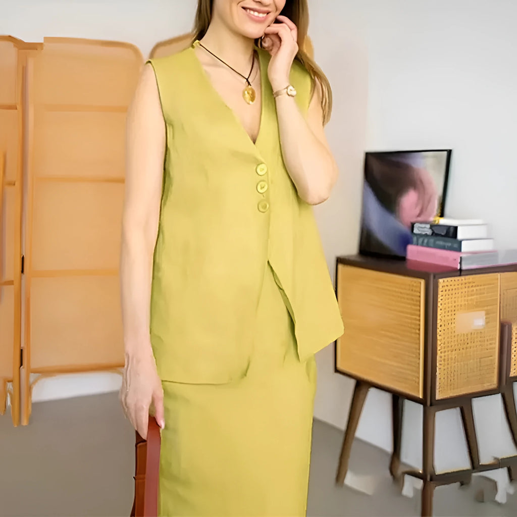 Casual loose fit two-piece suit with a sleeveless vest and a long skirt in blue.