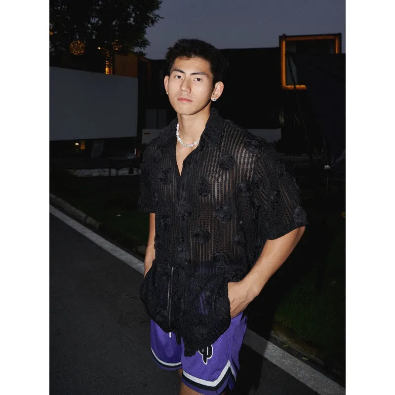 Loose fit short sleeve shirt with 3D floral pattern in milky white colour, shown on mannequin