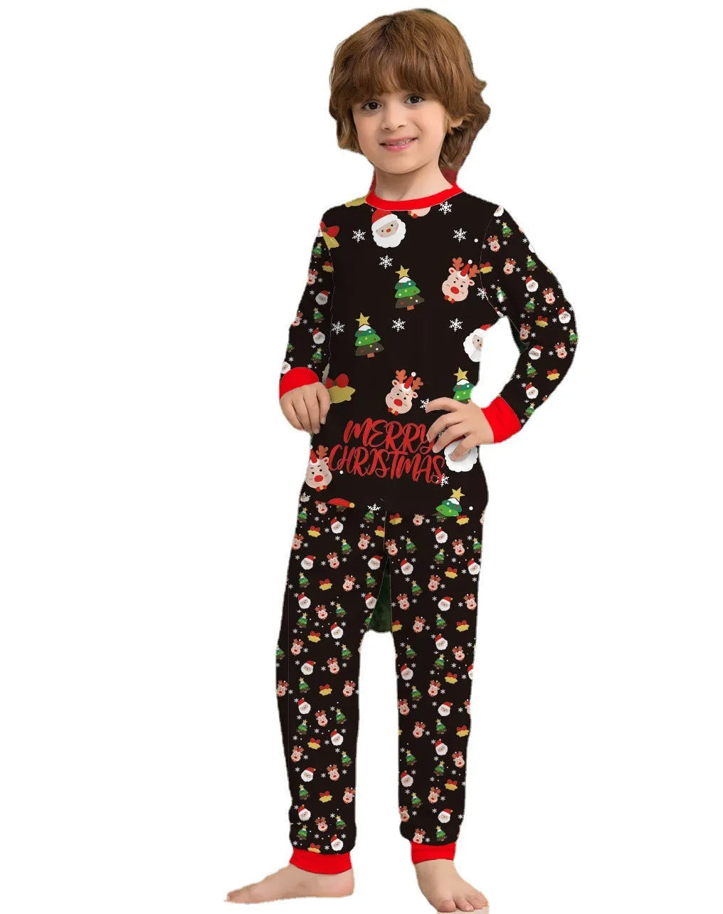Family Christmas matching pajamas set in 95% cotton with plaid and cartoon designs for parents, children, and dogs