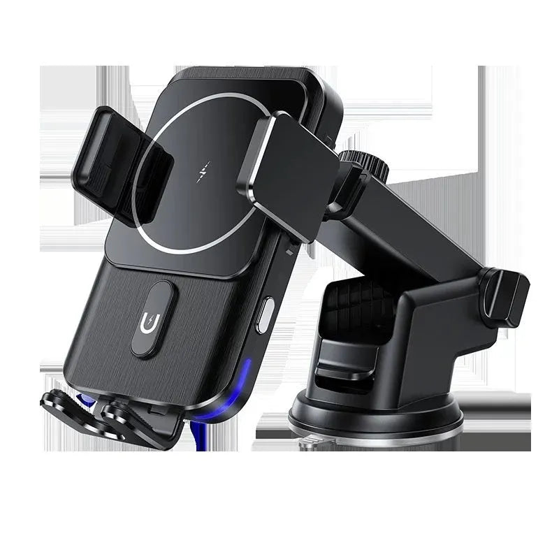 Car wireless charger mobile phone holder with 15W charging and two mounting options: clip style and suction cup