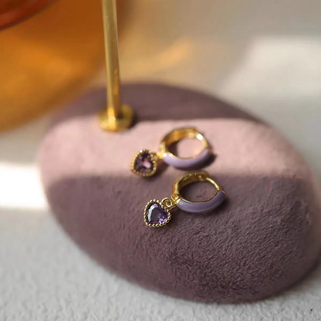 Purple enamel love heart earrings in gold with copper body and geometric bohemian heart design