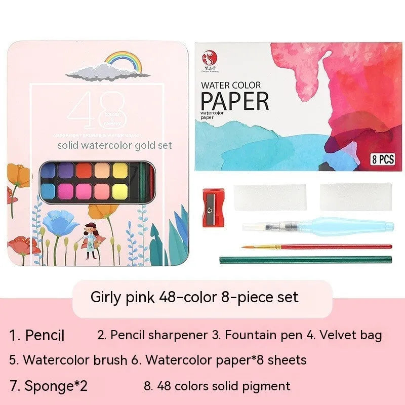 Box of 48 solid watercolour paint blocks for gouache, showing colours including Black Knight, Girl Pink, and Sunshine Blue.